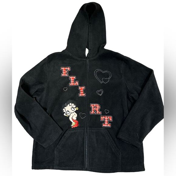 Betty Boop Women's Size Large Black Fleece Zip-Up Hooded Jacket with FLIRT on it - Picture 1 of 5